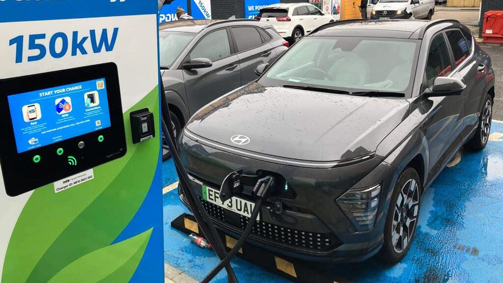 Hyundai Kona Electric connected to rapid charger