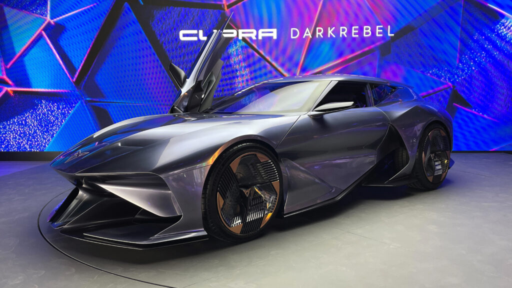Cupra DarkRebel concept on show stand at 2023 Munich Motor Show - front